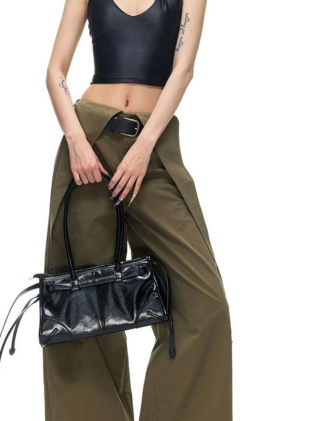 Fanptntox Vintage Deconstructed V Military Green Suspender Women's Cotton Wide-leg Pants