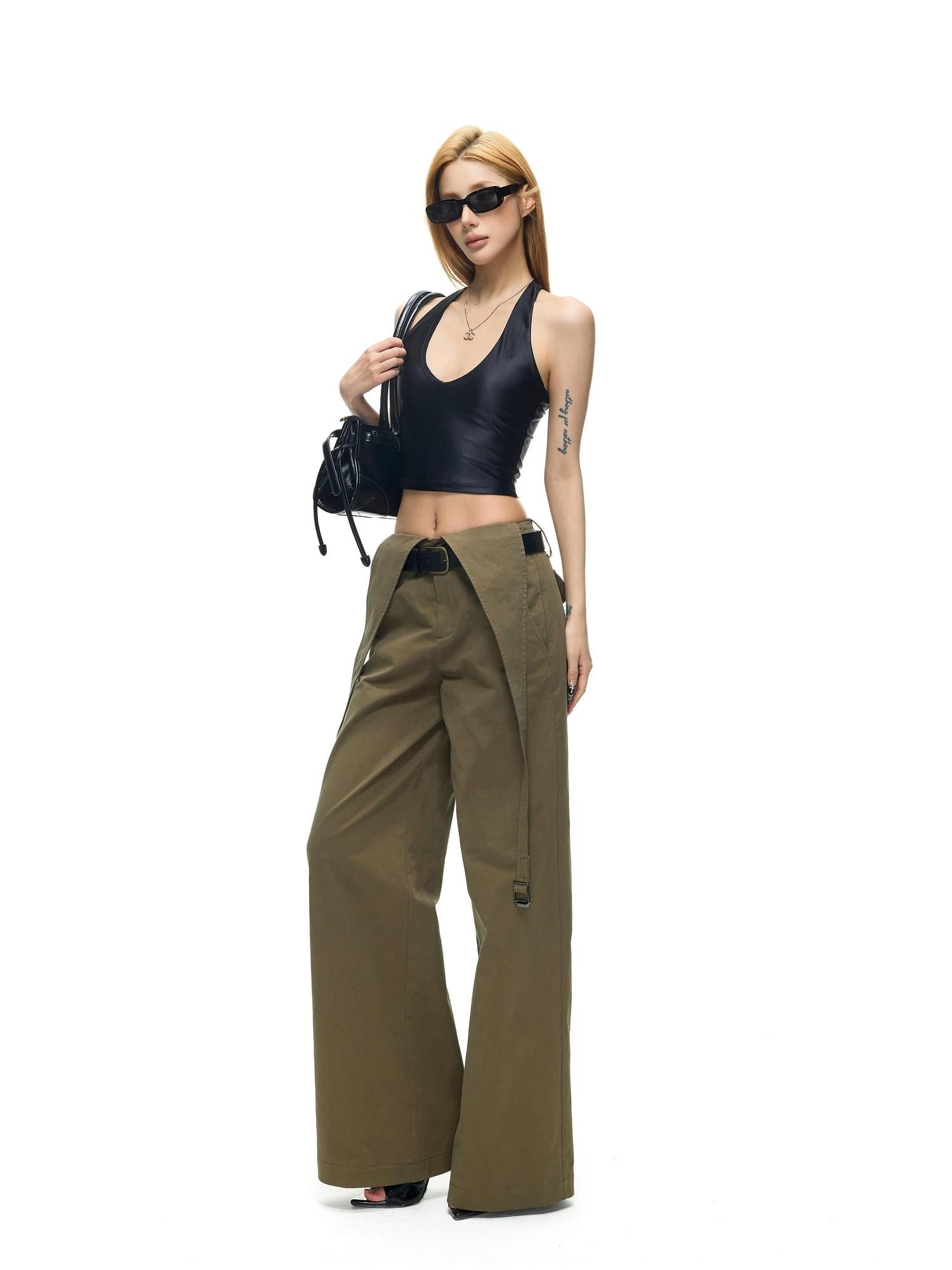 Fanptntox Vintage Deconstructed V Military Green Suspender Women's Cotton Wide-leg Pants