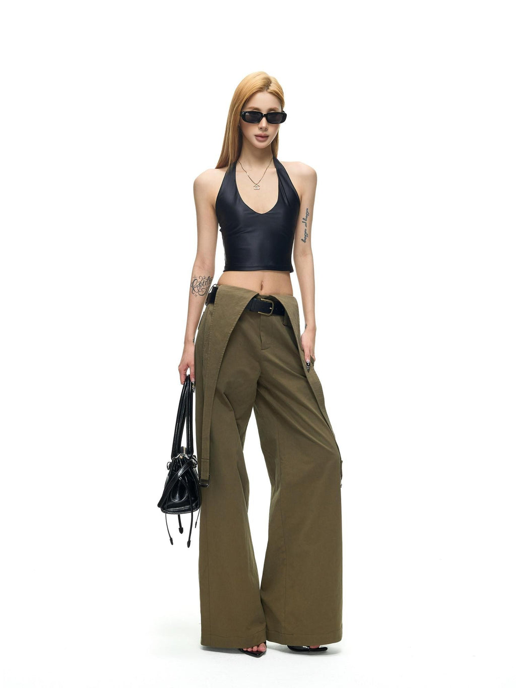 Fanptntox Vintage Deconstructed V Military Green Suspender Women's Cotton Wide-leg Pants