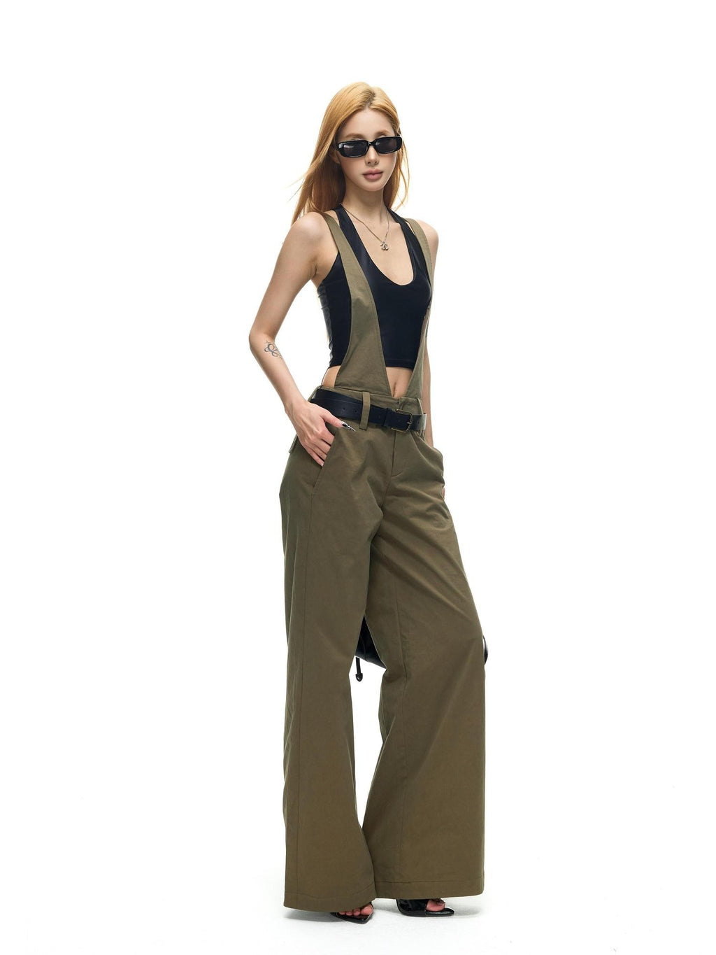 Fanptntox Vintage Deconstructed V Military Green Suspender Women's Cotton Wide-leg Pants