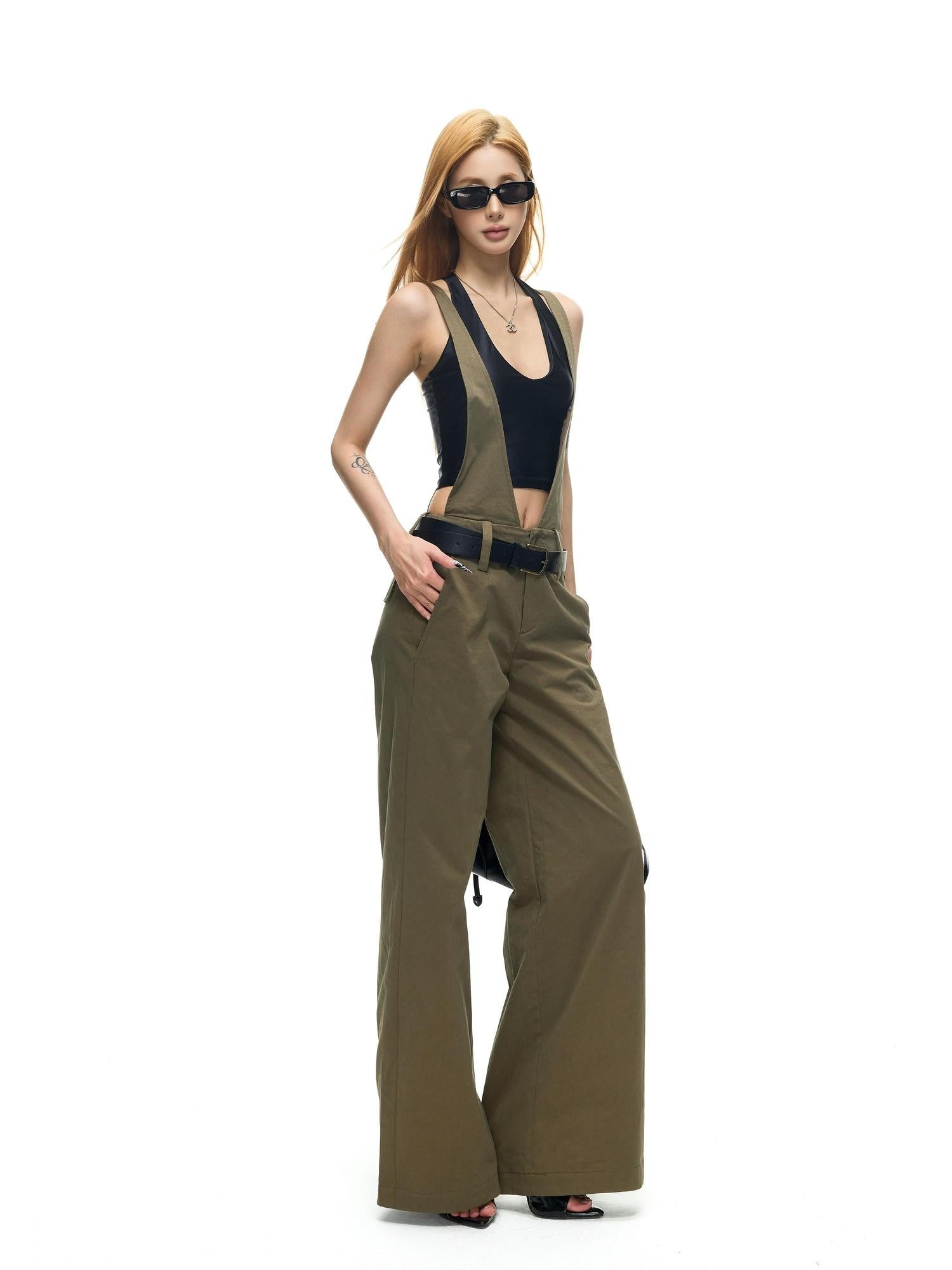 Fanptntox Vintage Deconstructed V Military Green Suspender Women's Cotton Wide-leg Pants