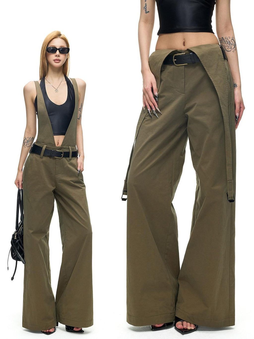 Fanptntox Vintage Deconstructed V Military Green Suspender Women's Cotton Wide-leg Pants