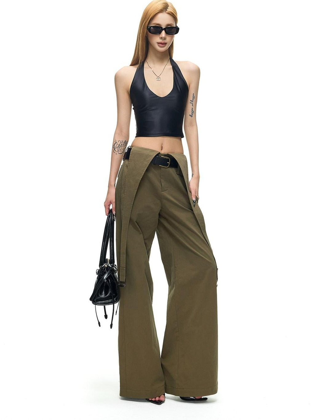 Fanptntox Vintage Deconstructed V Military Green Suspender Women's Cotton Wide-leg Pants