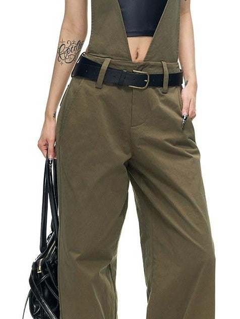Fanptntox Vintage Deconstructed V Military Green Suspender Women's Cotton Wide-leg Pants