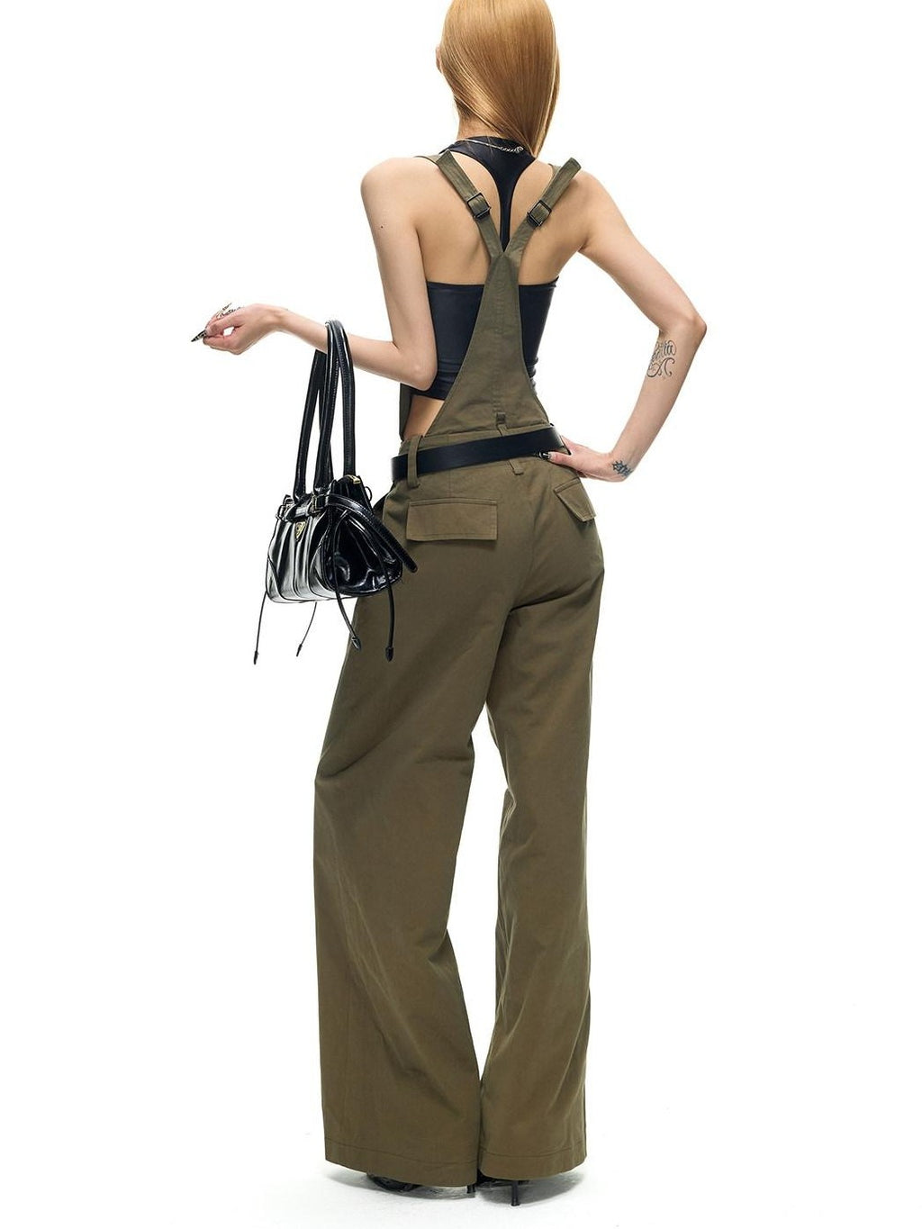 Fanptntox Vintage Deconstructed V Military Green Suspender Women's Cotton Wide-leg Pants