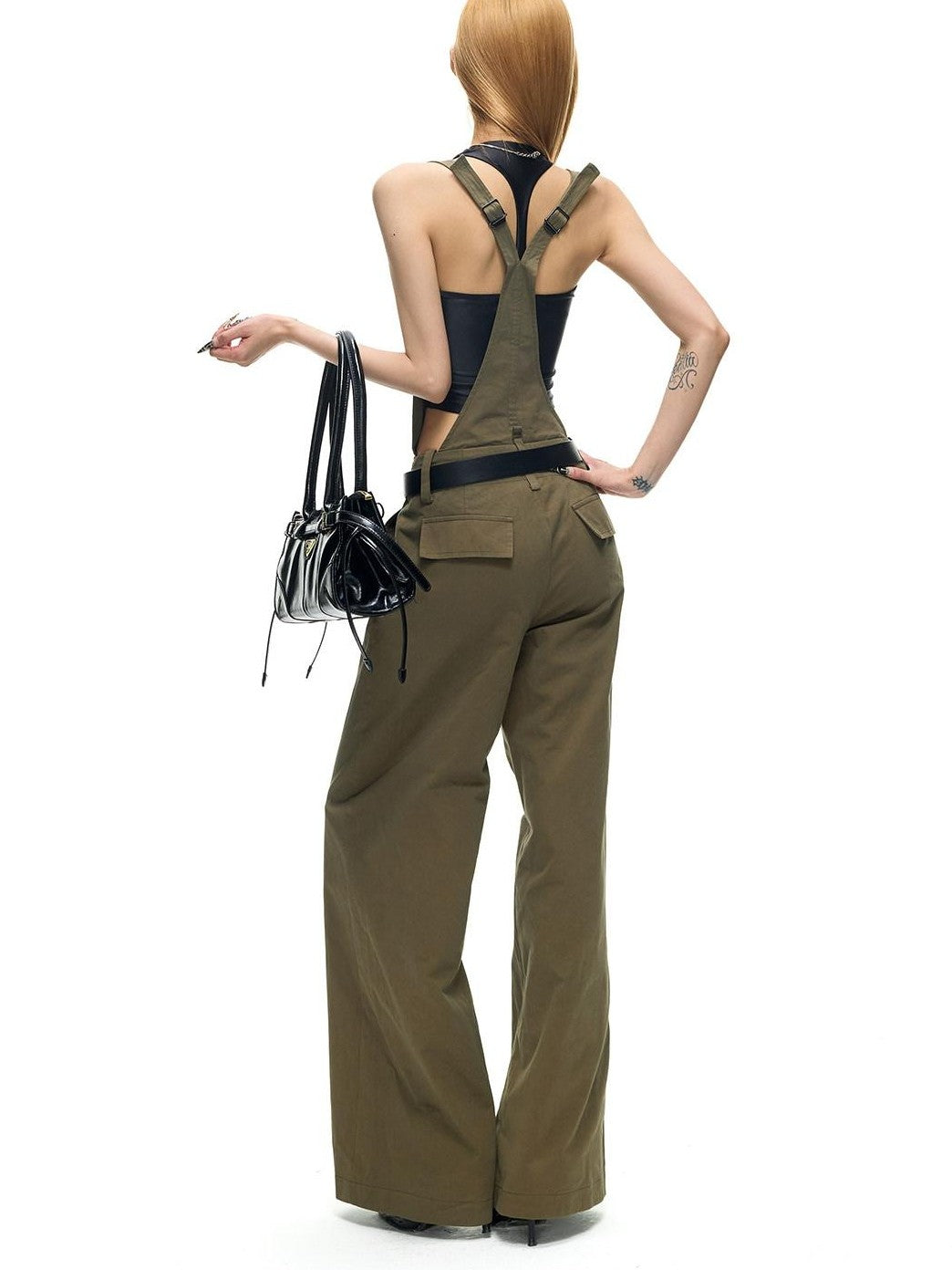 Fanptntox Vintage Deconstructed V Military Green Suspender Women's Cotton Wide-leg Pants