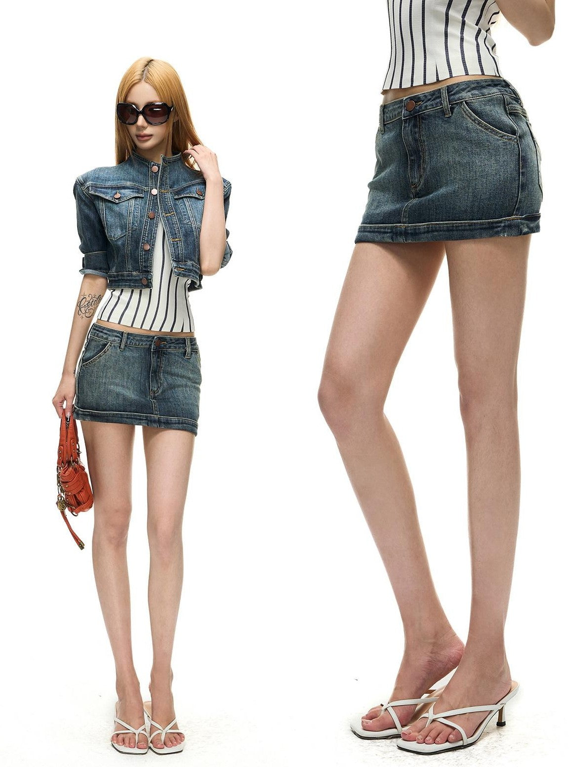 Fanptntox Vintage Distressed Low Waist Bodycon Women's Denim Matching Skirt Sets