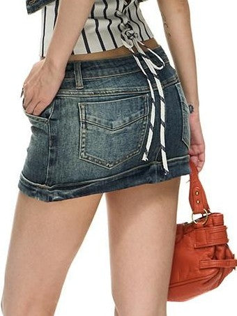 Fanptntox Vintage Distressed Low Waist Bodycon Women's Denim Matching Skirt Sets