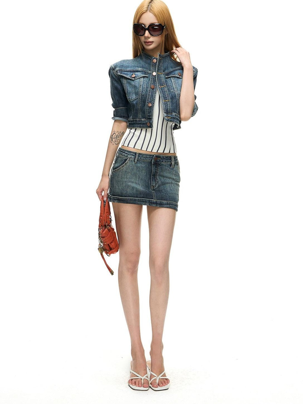 Fanptntox Vintage Distressed Low Waist Bodycon Women's Denim Matching Skirt Sets
