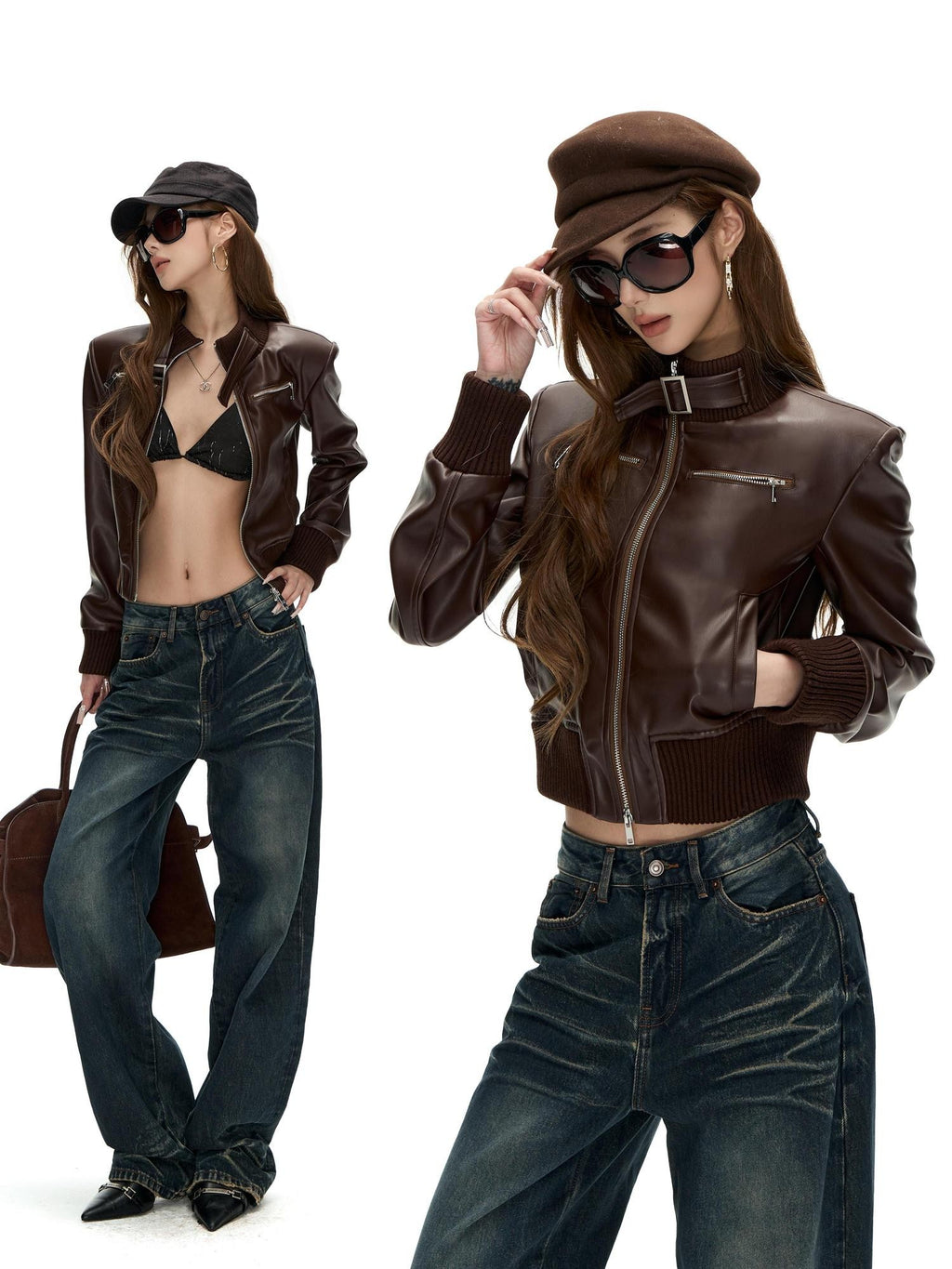 Fanptntox Vintage Faux Leather Ribbed Trim Stand Collar Women's Pu Cropped Jackets