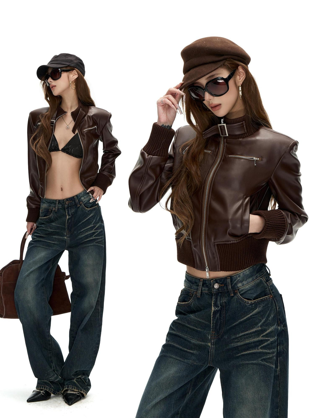 Fanptntox Vintage Faux Leather Ribbed Trim Stand Collar Women's Pu Cropped Jackets