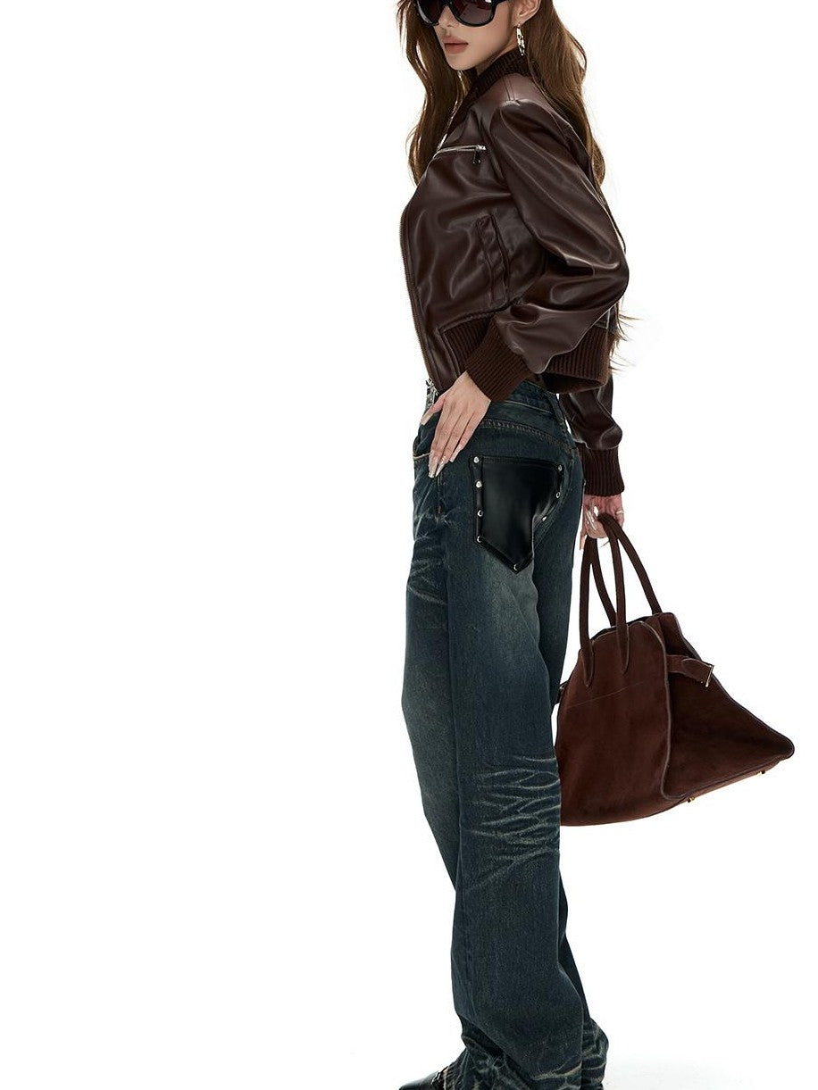Fanptntox Vintage Faux Leather Ribbed Trim Stand Collar Women's Pu Cropped Jackets
