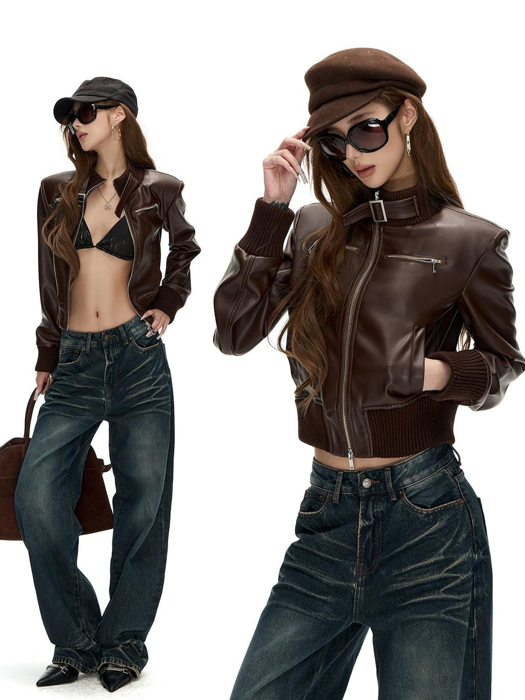 Fanptntox Vintage Faux Leather Ribbed Trim Stand Collar Women's Pu Cropped Jackets