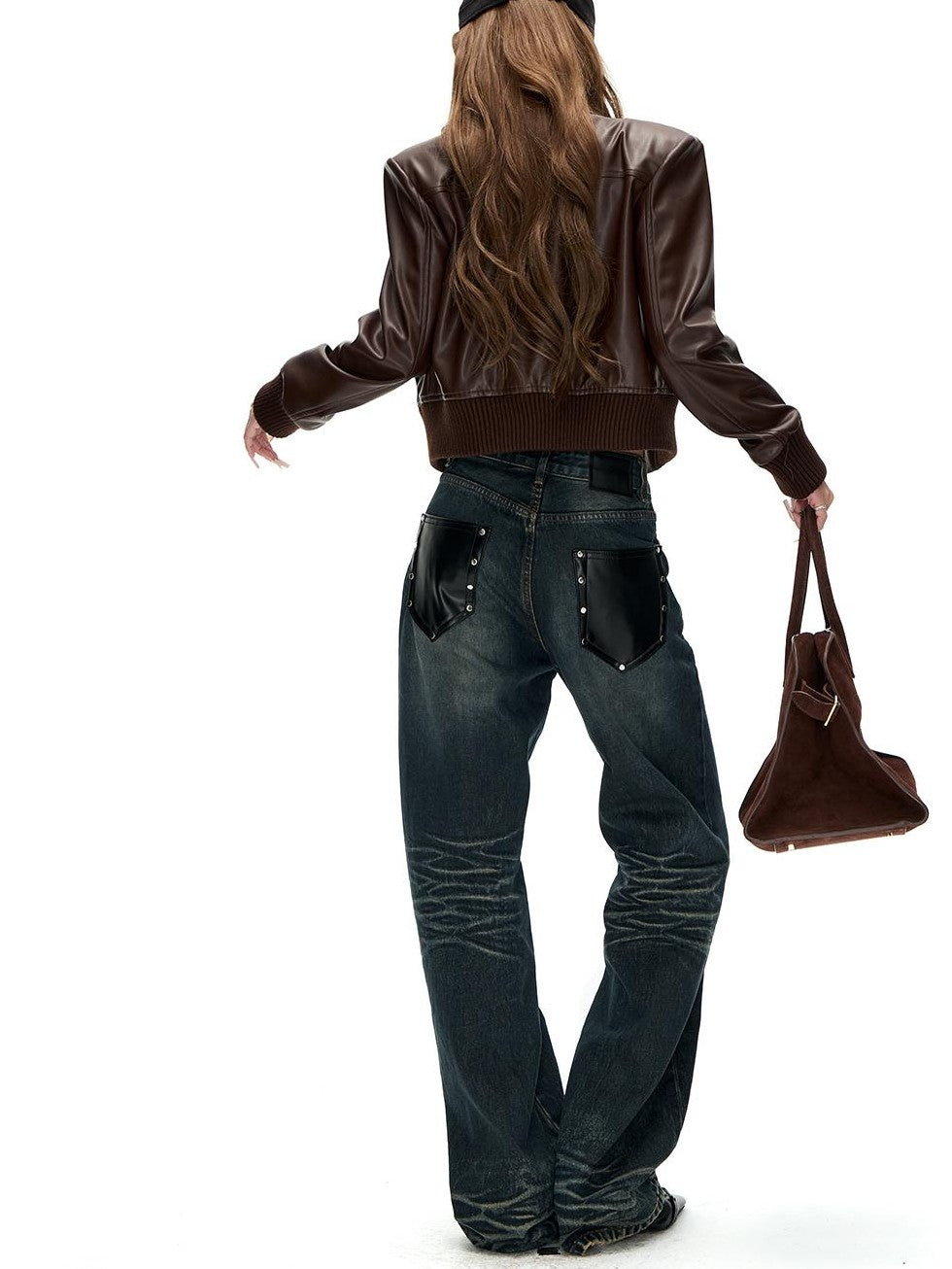 Fanptntox Vintage Faux Leather Ribbed Trim Stand Collar Women's Pu Cropped Jackets