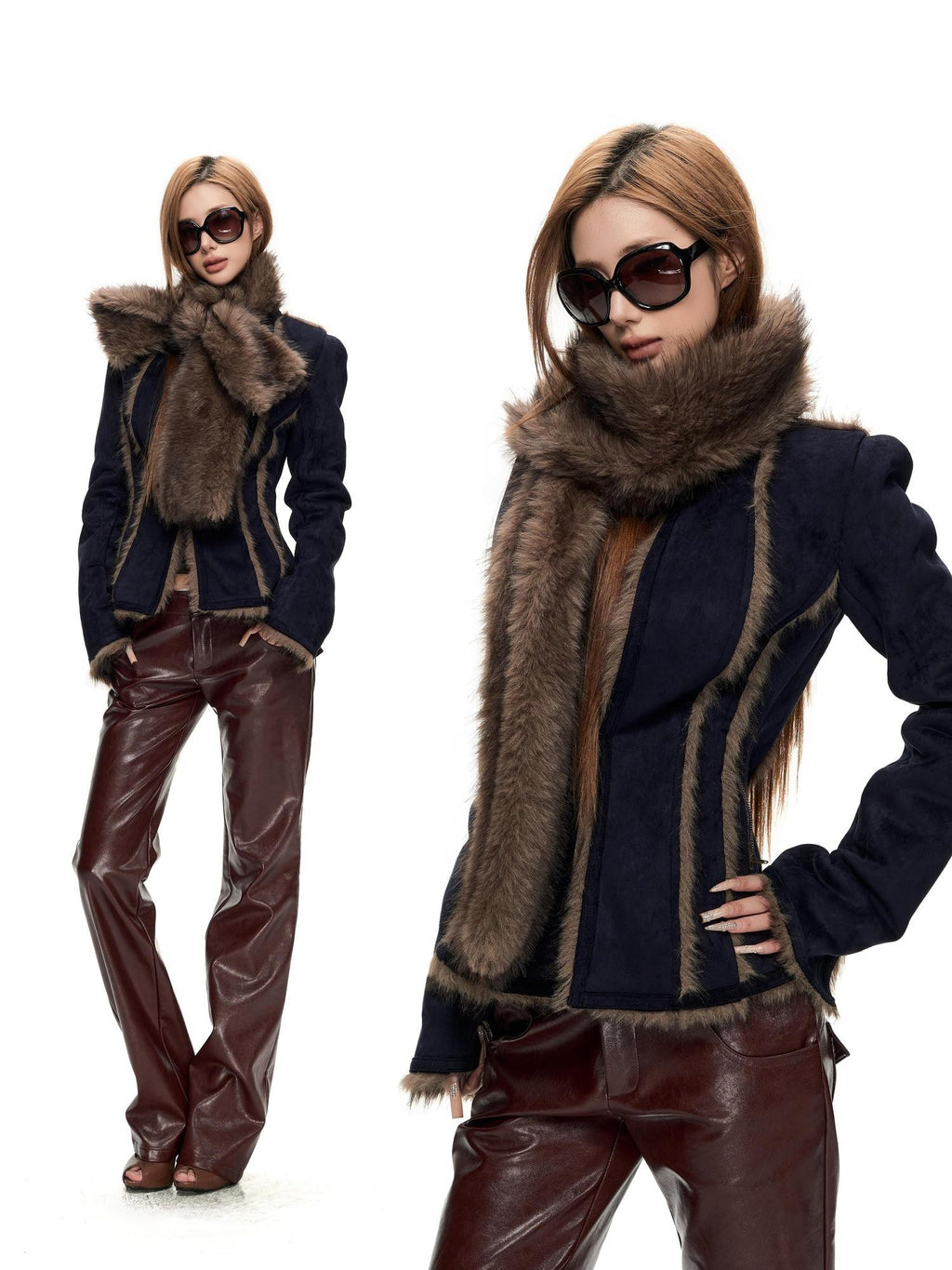 Fanptntox Vintage Fuzzy Spliced Cinched Waist Women's Polyester Cropped Jackets