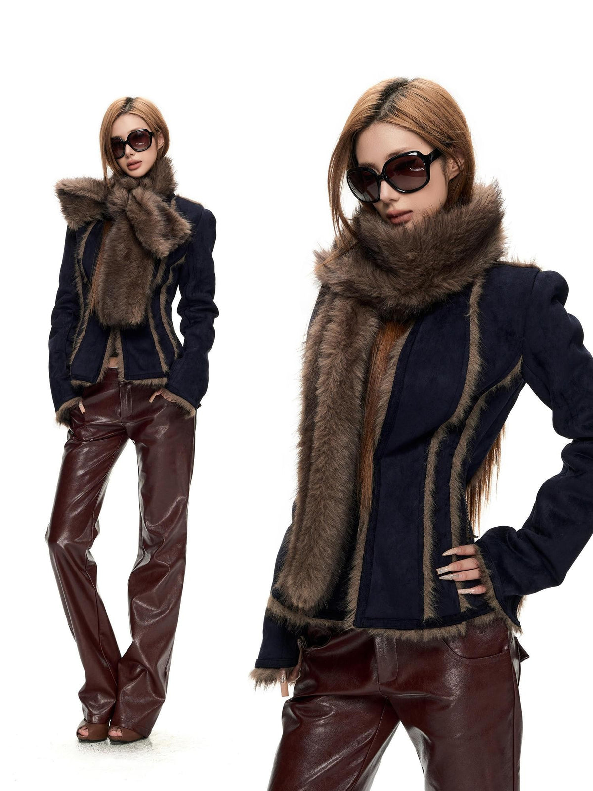 Fanptntox Vintage Fuzzy Spliced Cinched Waist Women's Polyester Cropped Jackets
