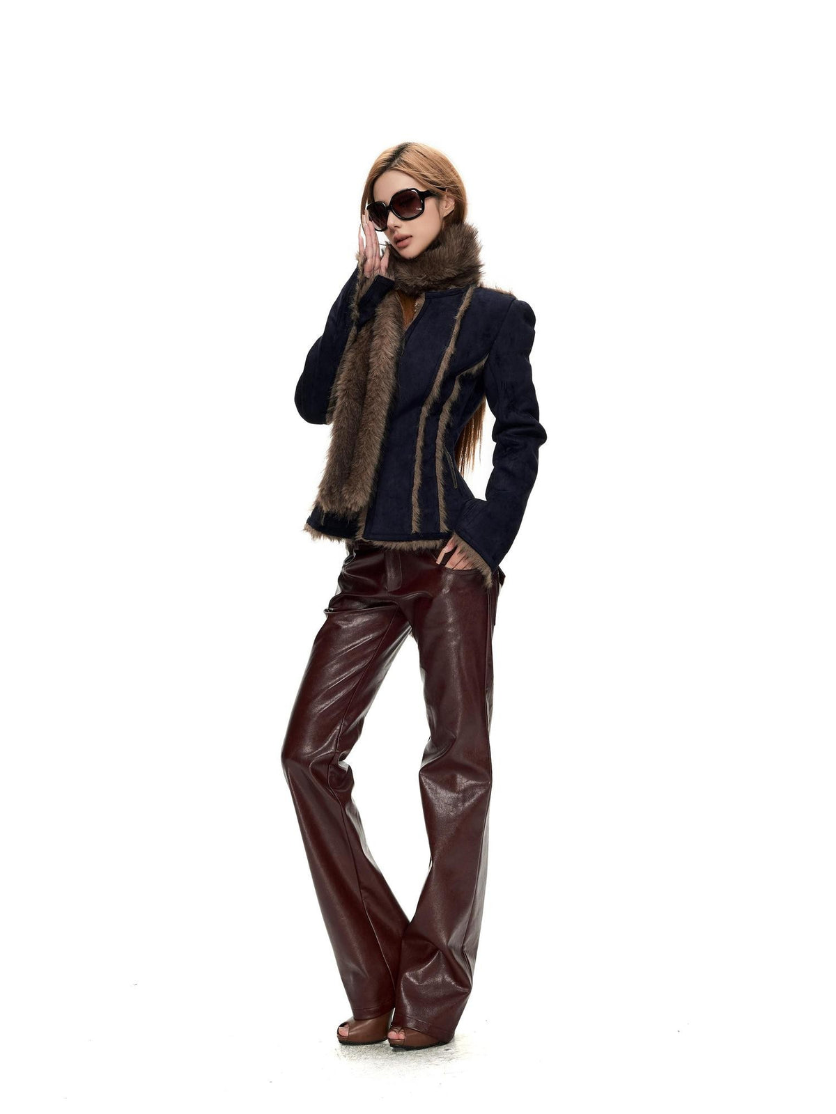 Fanptntox Vintage Fuzzy Spliced Cinched Waist Women's Polyester Cropped Jackets