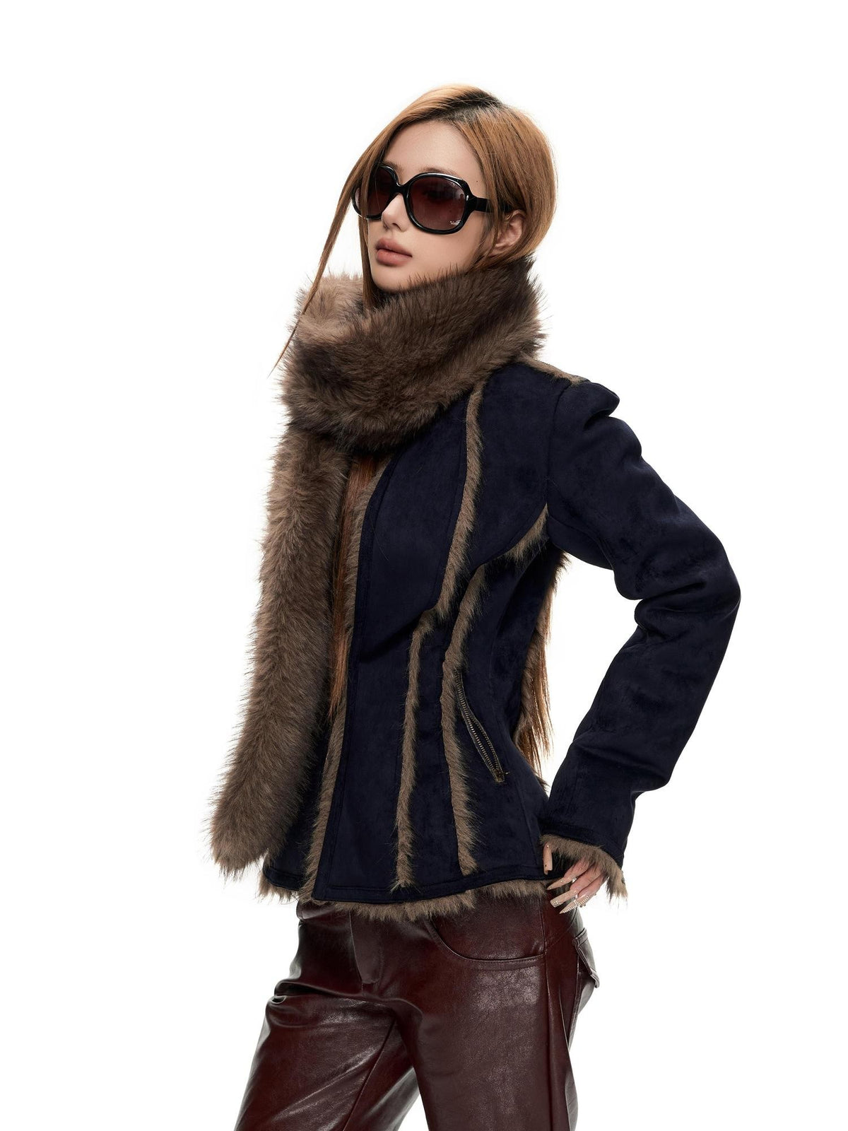 Fanptntox Vintage Fuzzy Spliced Cinched Waist Women's Polyester Cropped Jackets