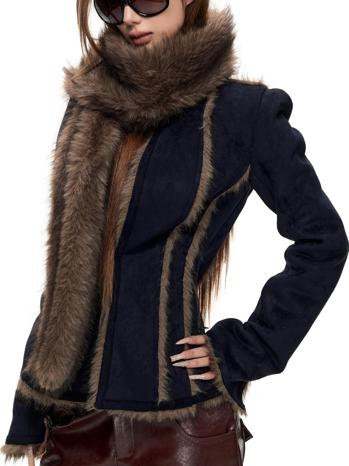 Fanptntox Vintage Fuzzy Spliced Cinched Waist Women's Polyester Cropped Jackets