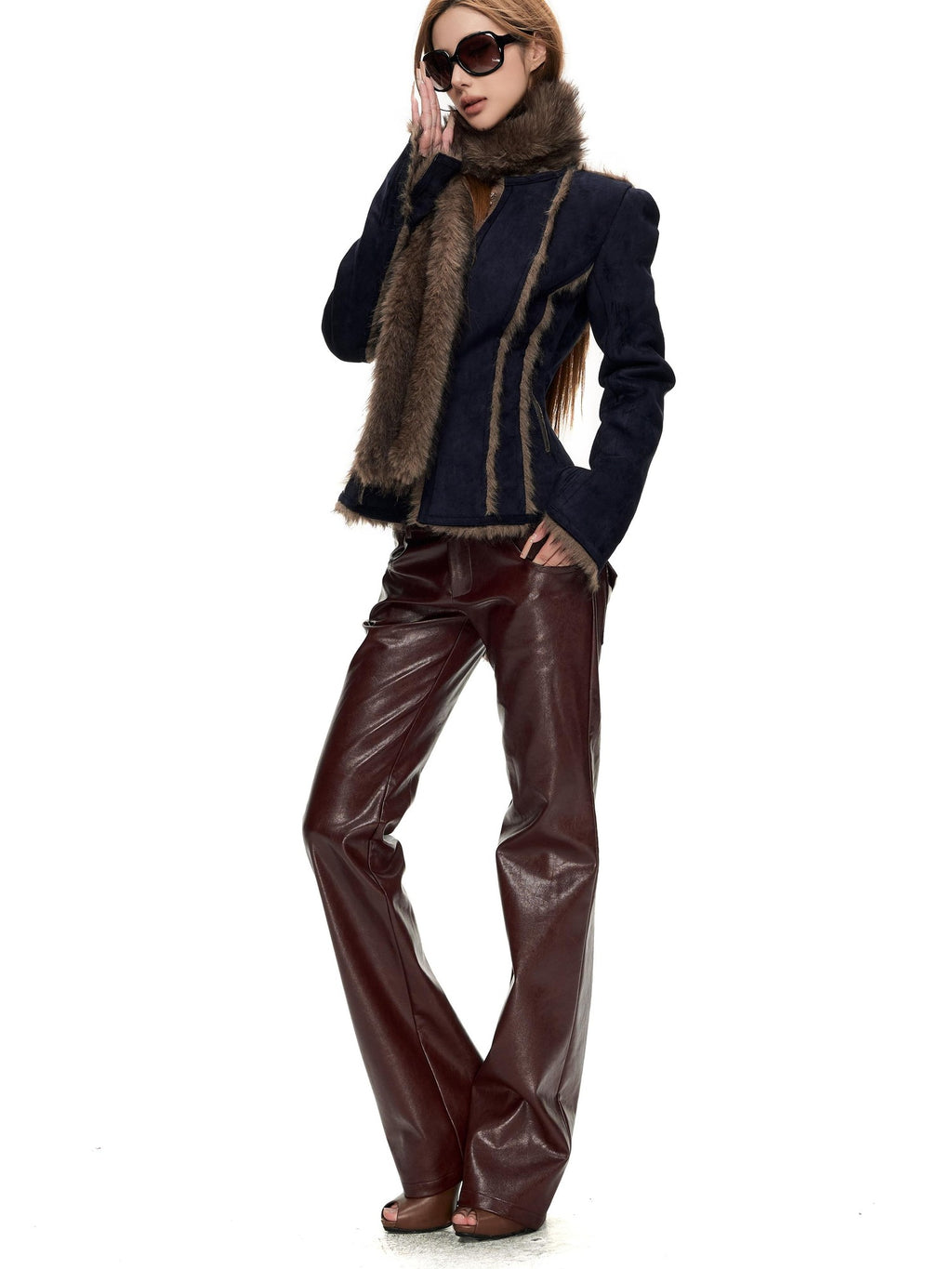 Fanptntox Vintage Fuzzy Spliced Cinched Waist Women's Polyester Cropped Jackets