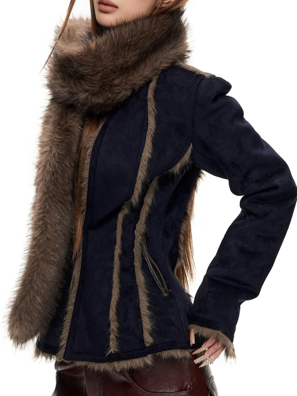 Fanptntox Vintage Fuzzy Spliced Cinched Waist Women's Polyester Cropped Jackets