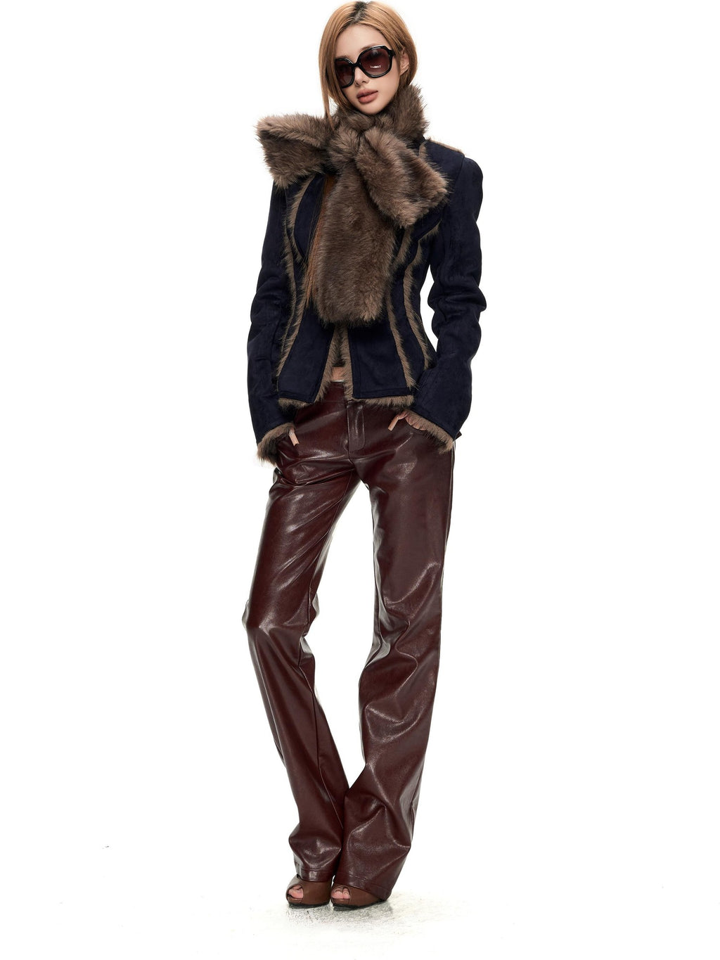 Fanptntox Vintage Fuzzy Spliced Cinched Waist Women's Polyester Cropped Jackets