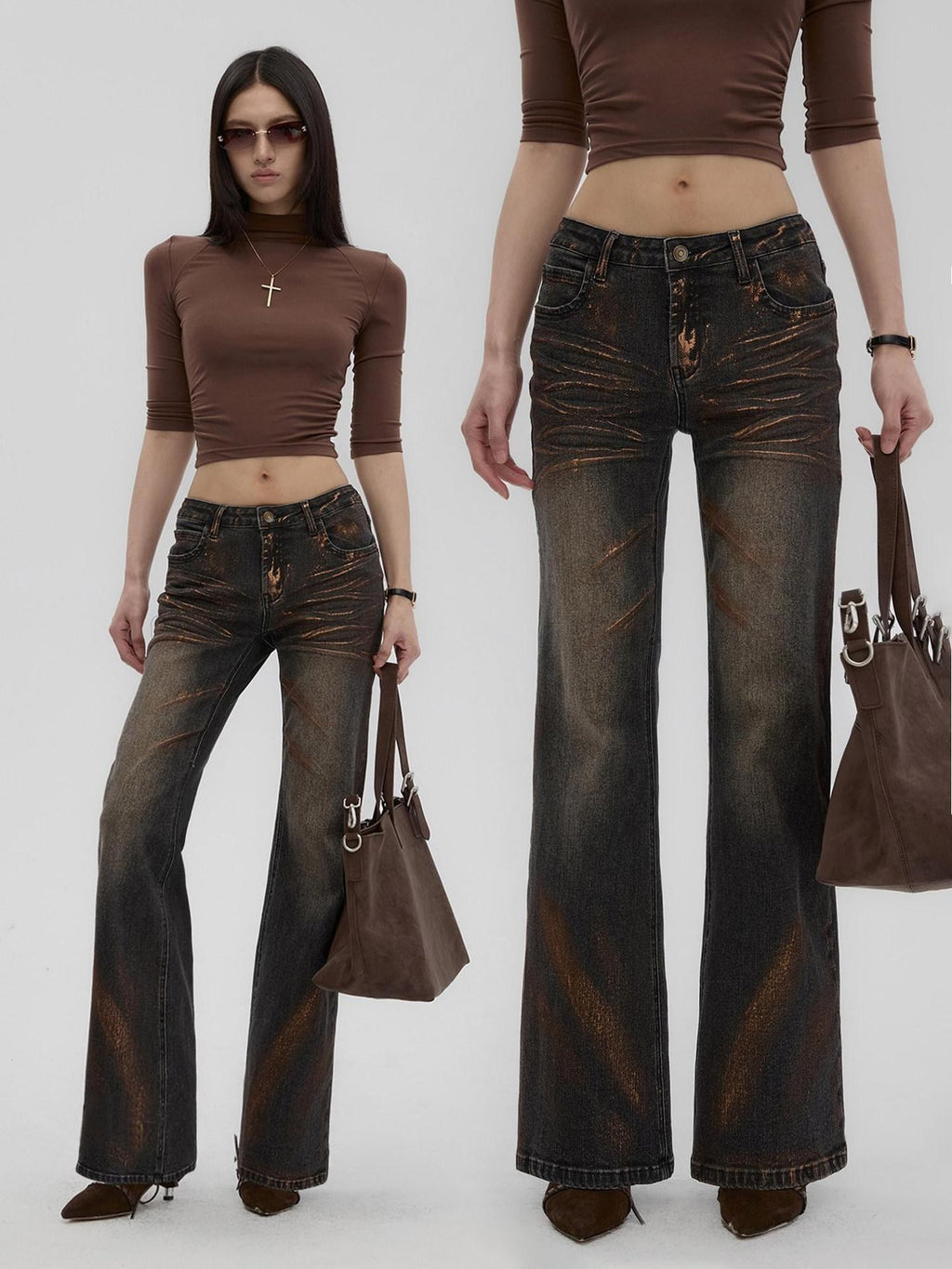 Fanptntox Vintage Gold Foil Distressed Low Waist Slim Fit Women's Denim Straight-leg Jeans
