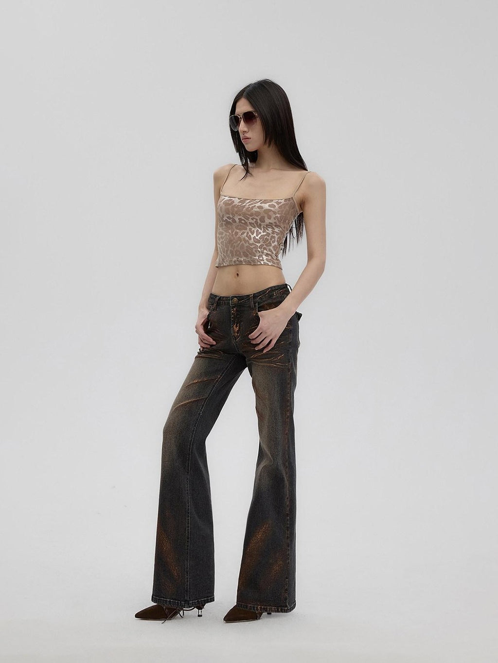 Fanptntox Vintage Gold Foil Distressed Low Waist Slim Fit Women's Denim Straight-leg Jeans