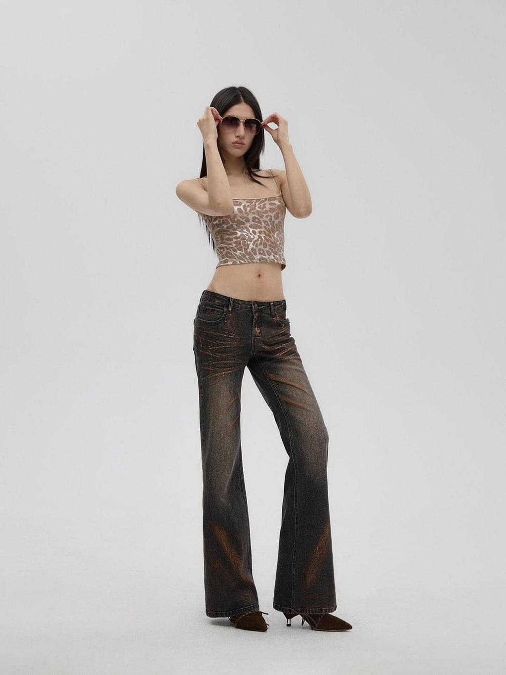 Fanptntox Vintage Gold Foil Distressed Low Waist Slim Fit Women's Denim Straight-leg Jeans