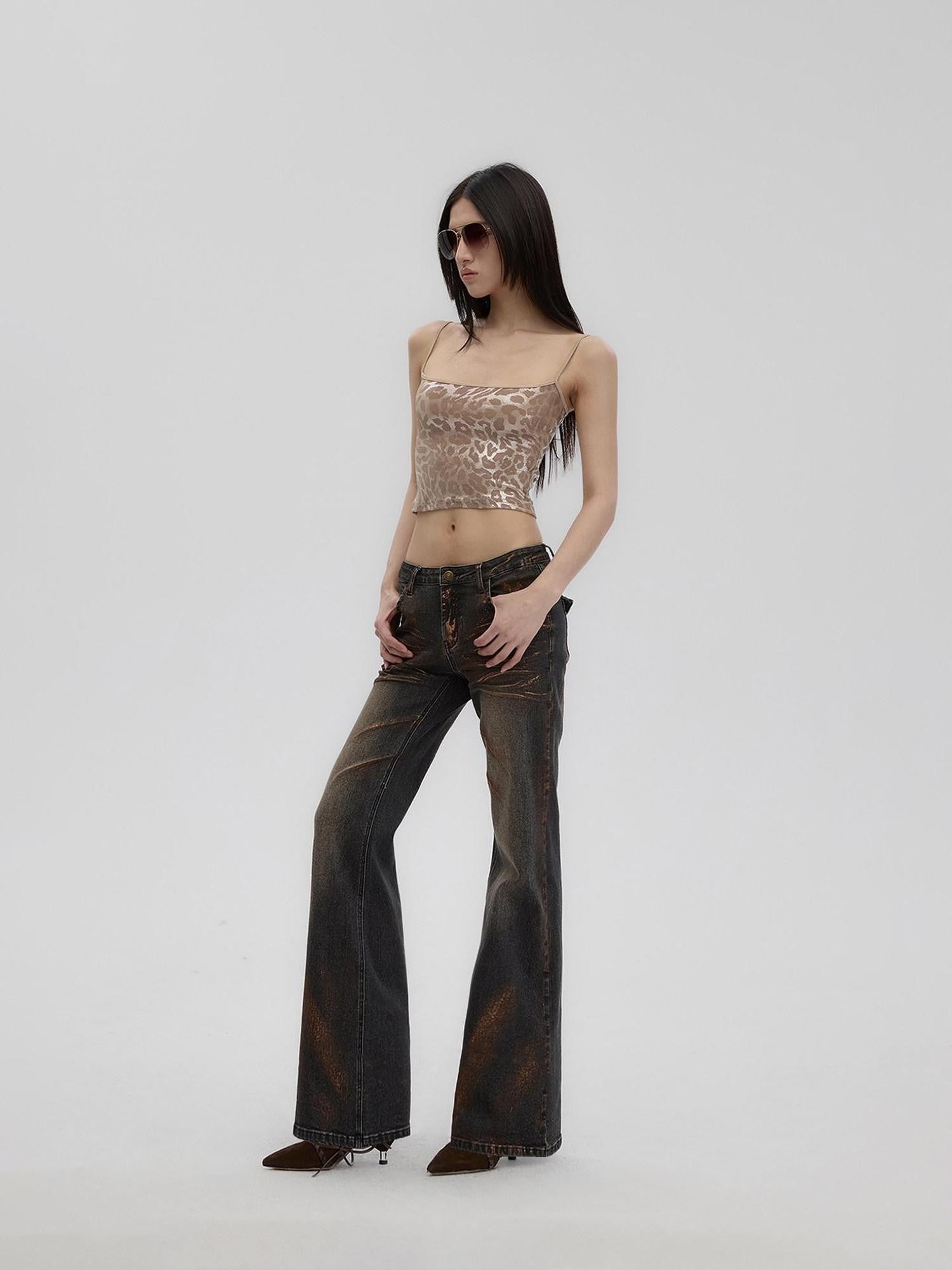 Fanptntox Vintage Gold Foil Distressed Low Waist Slim Fit Women's Denim Straight-leg Jeans