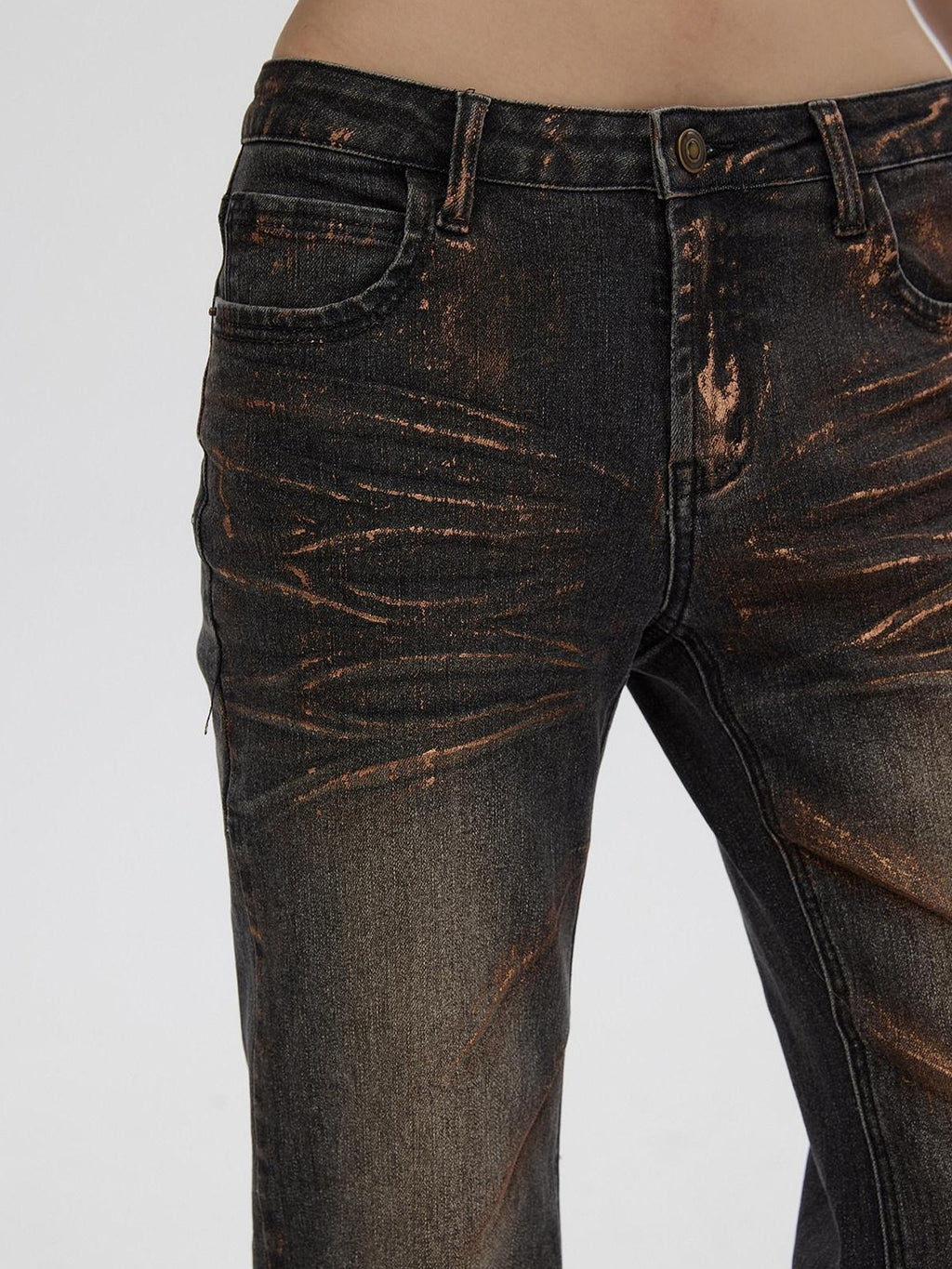 Fanptntox Vintage Gold Foil Distressed Low Waist Slim Fit Women's Denim Straight-leg Jeans