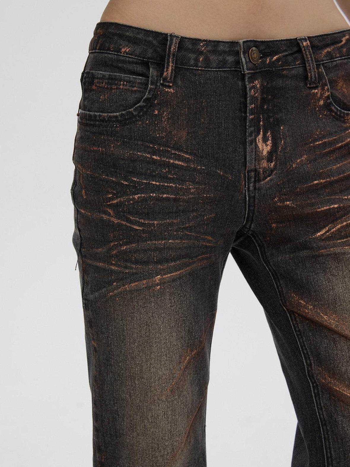 Fanptntox Vintage Gold Foil Distressed Low Waist Slim Fit Women's Denim Straight-leg Jeans