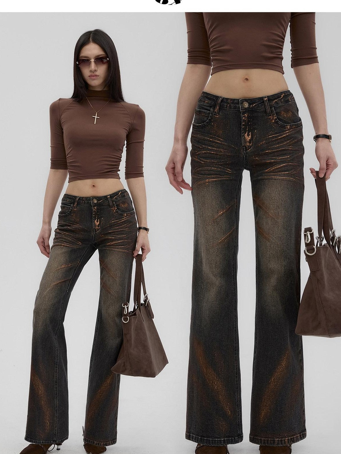 Fanptntox Vintage Gold Foil Distressed Low Waist Slim Fit Women's Denim Straight-leg Jeans
