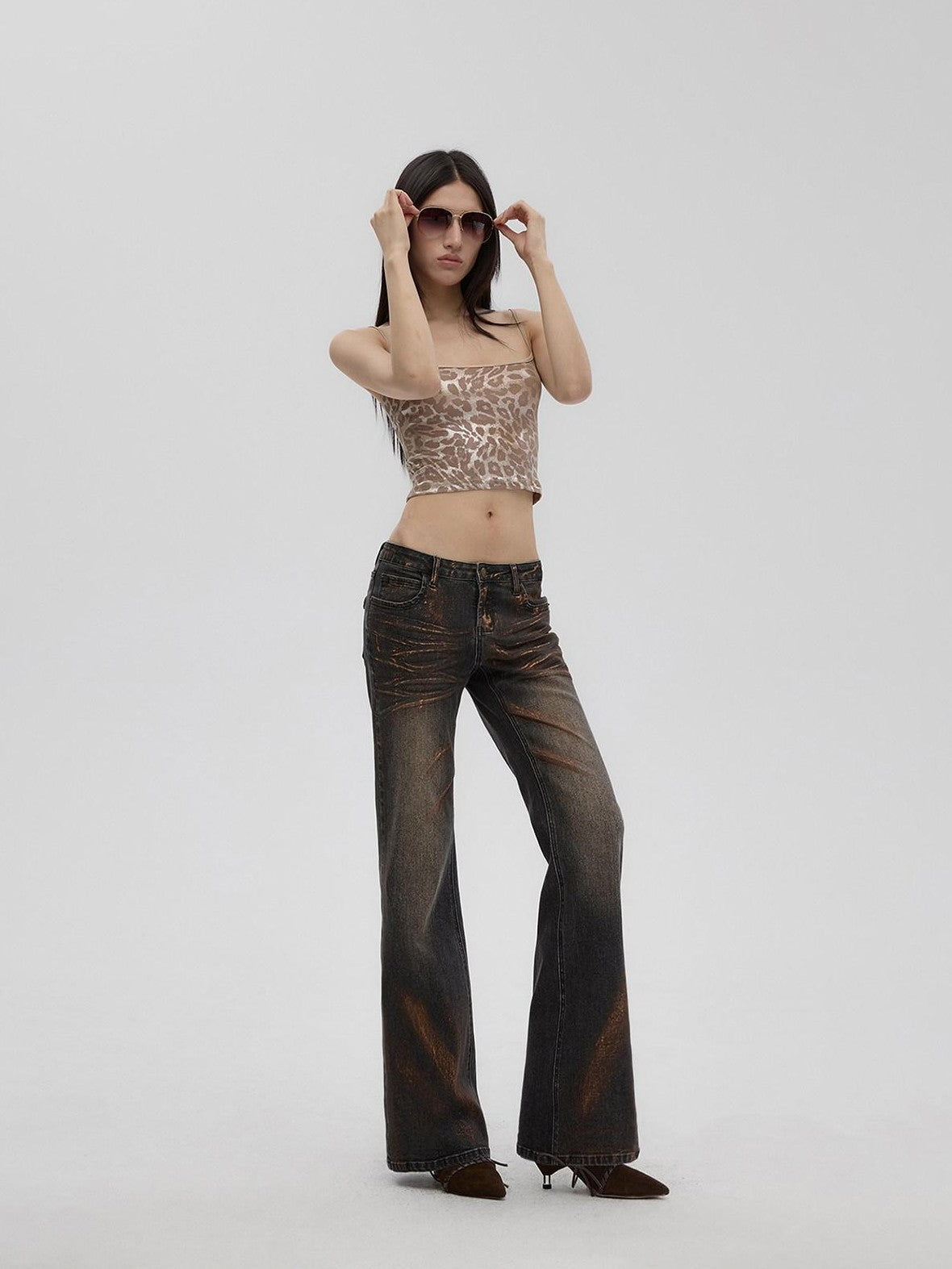 Fanptntox Vintage Gold Foil Distressed Low Waist Slim Fit Women's Denim Straight-leg Jeans