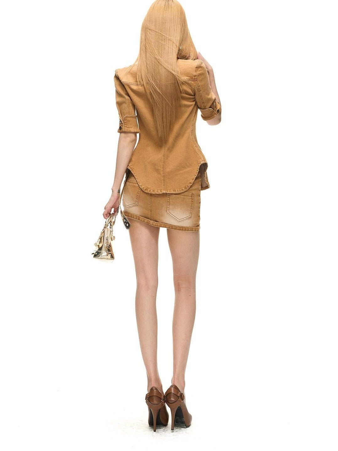 Fanptntox Vintage Mud Yellow Denim Shirt Slim High Waist Women's Matching Skirt Sets
