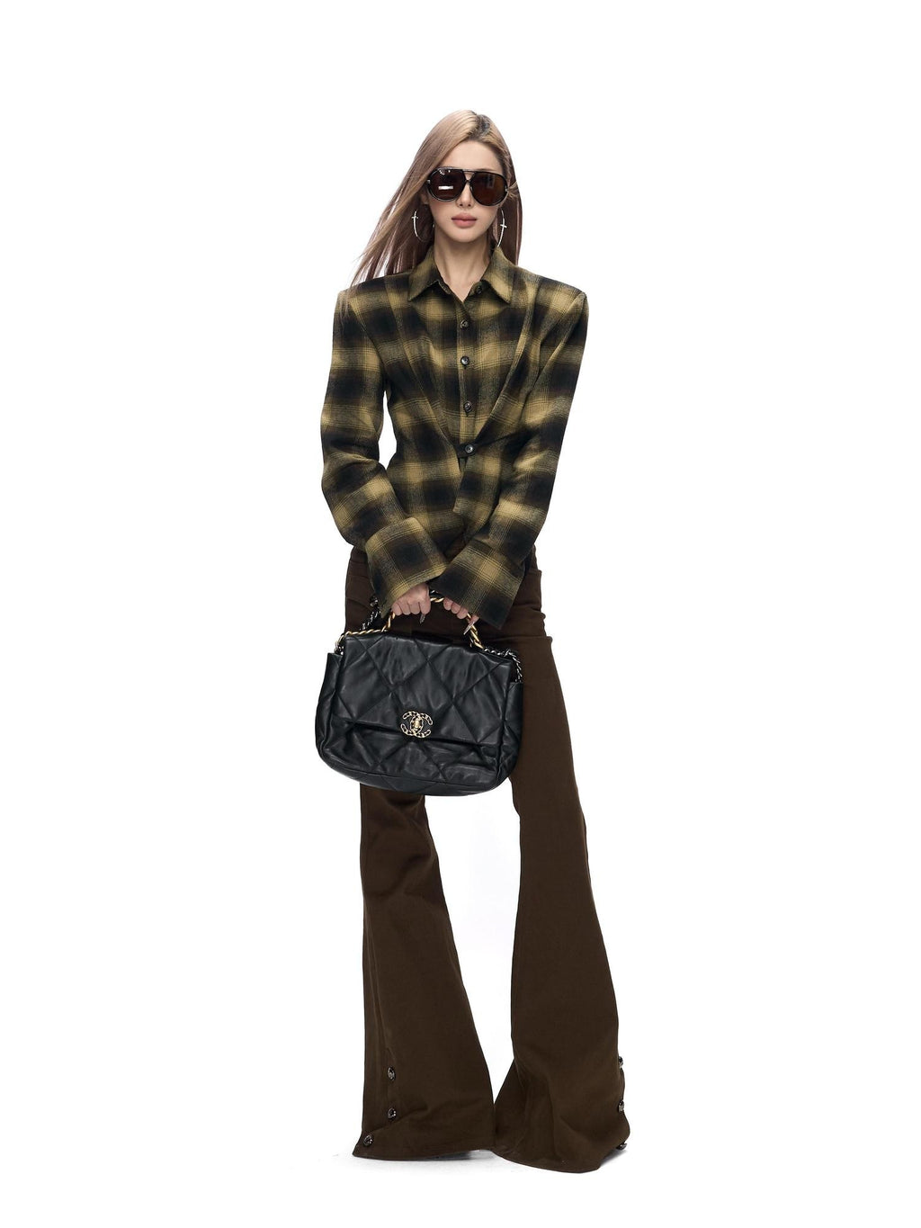 Fanptntox Vintage Plaid Padded Shoulder Asymmetrical Hem Women's Cotton Shirt Jackets