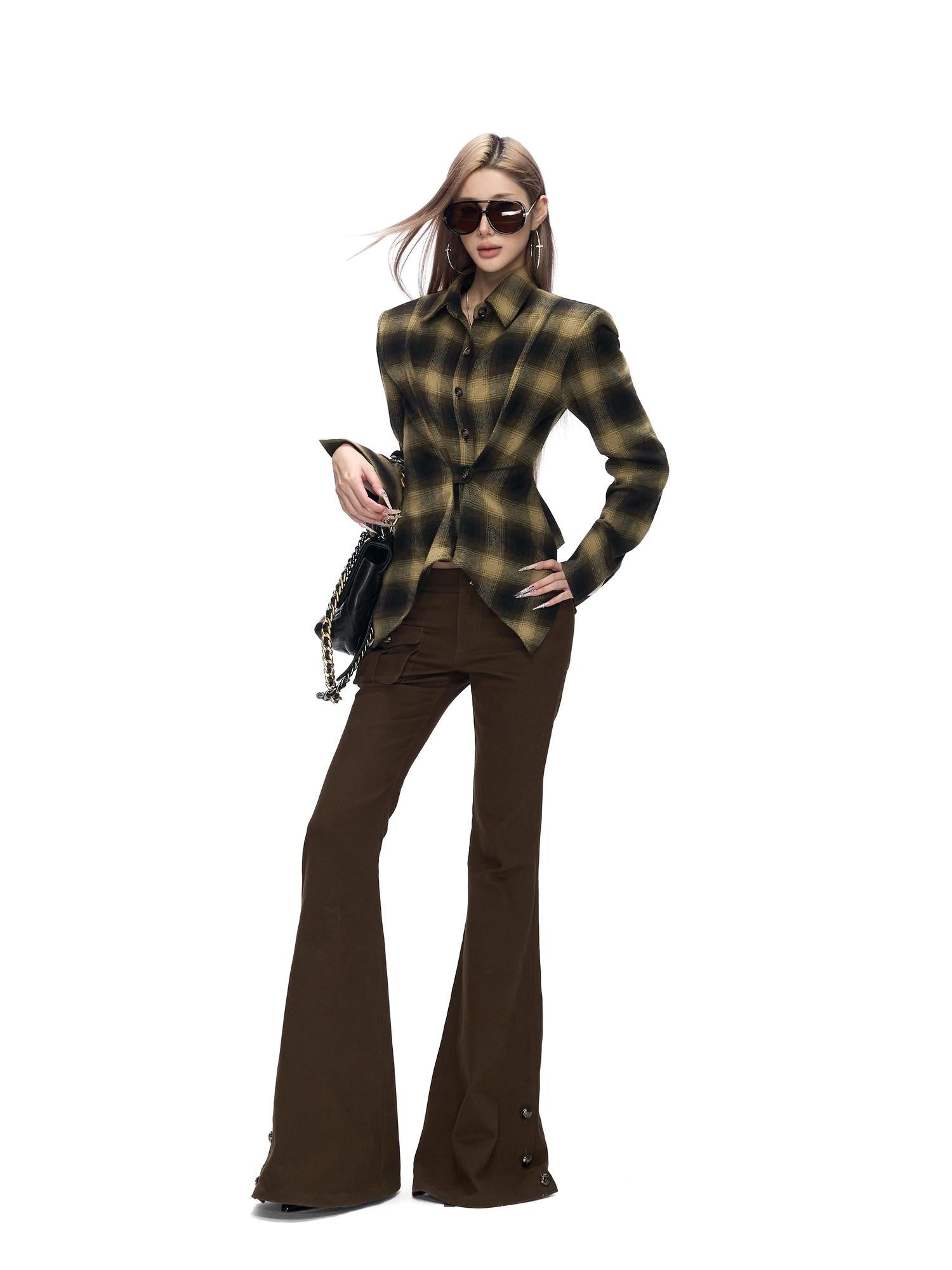 Fanptntox Vintage Plaid Padded Shoulder Asymmetrical Hem Women's Cotton Shirt Jackets