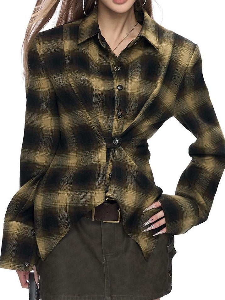 Fanptntox Vintage Plaid Padded Shoulder Asymmetrical Hem Women's Cotton Shirt Jackets