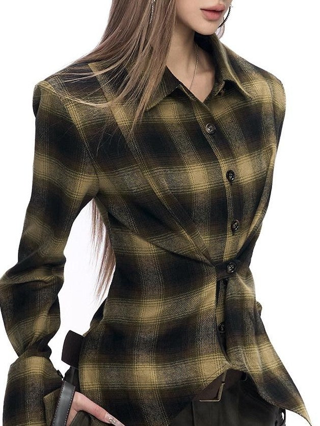 Fanptntox Vintage Plaid Padded Shoulder Asymmetrical Hem Women's Cotton Shirt Jackets