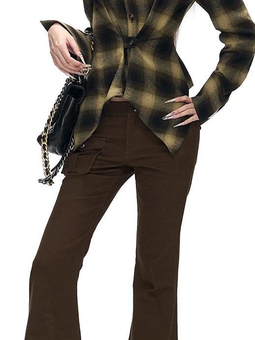 Fanptntox Vintage Plaid Padded Shoulder Asymmetrical Hem Women's Cotton Shirt Jackets