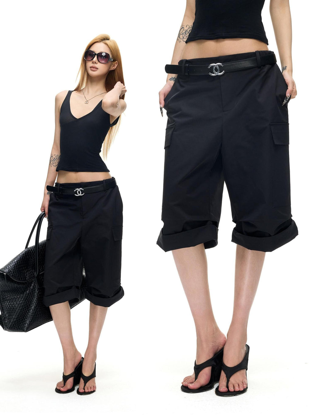 Fanptntox Vintage Pleated Cargo Straight Women's Polyester Bermuda Shorts