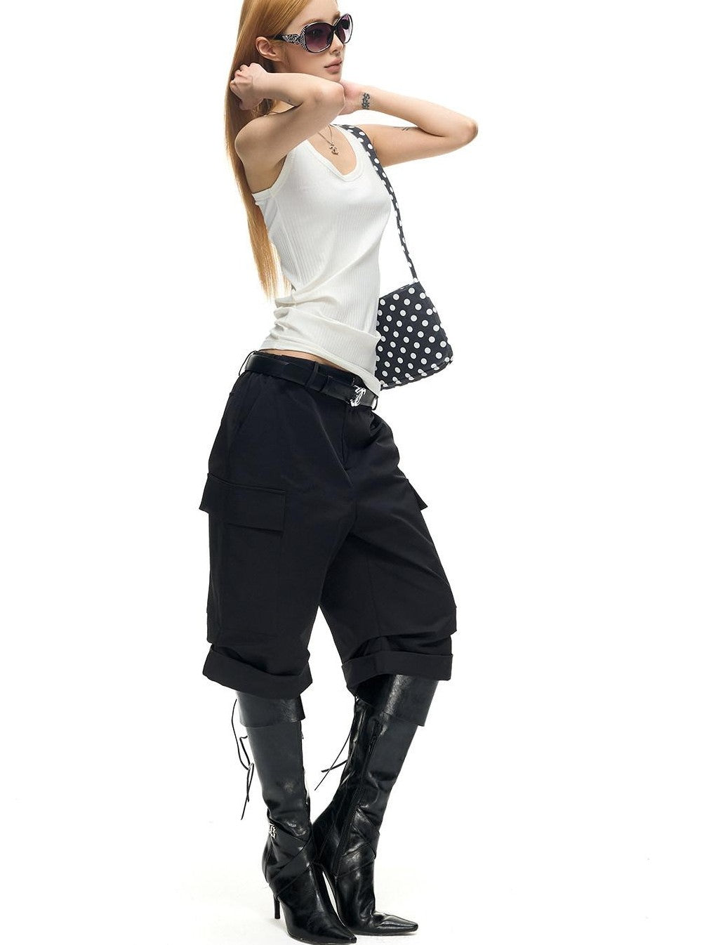 Fanptntox Vintage Pleated Cargo Straight Women's Polyester Bermuda Shorts