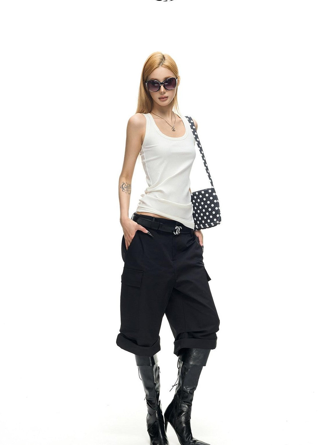 Fanptntox Vintage Pleated Cargo Straight Women's Polyester Bermuda Shorts