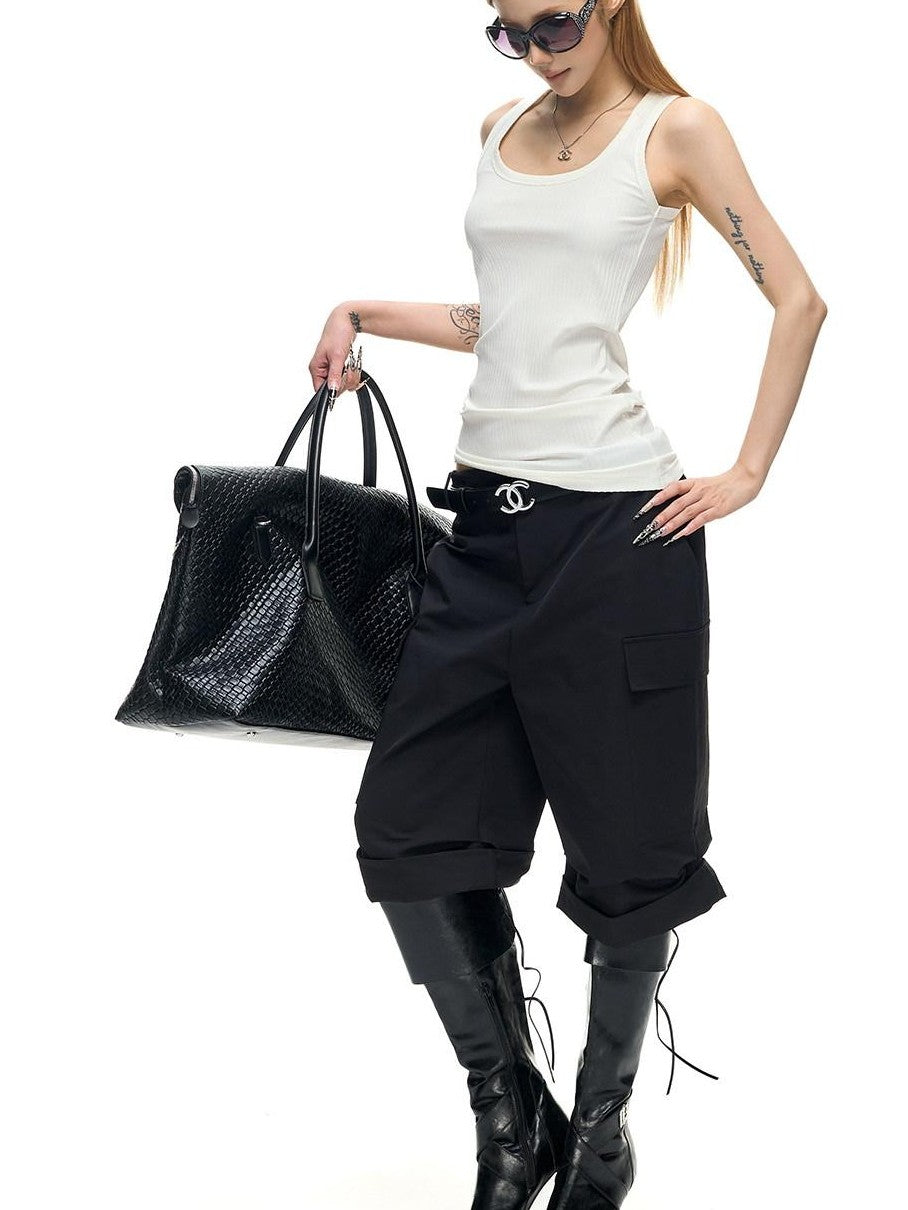 Fanptntox Vintage Pleated Cargo Straight Women's Polyester Bermuda Shorts