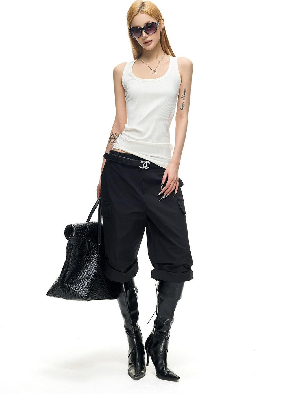 Fanptntox Vintage Pleated Cargo Straight Women's Polyester Bermuda Shorts