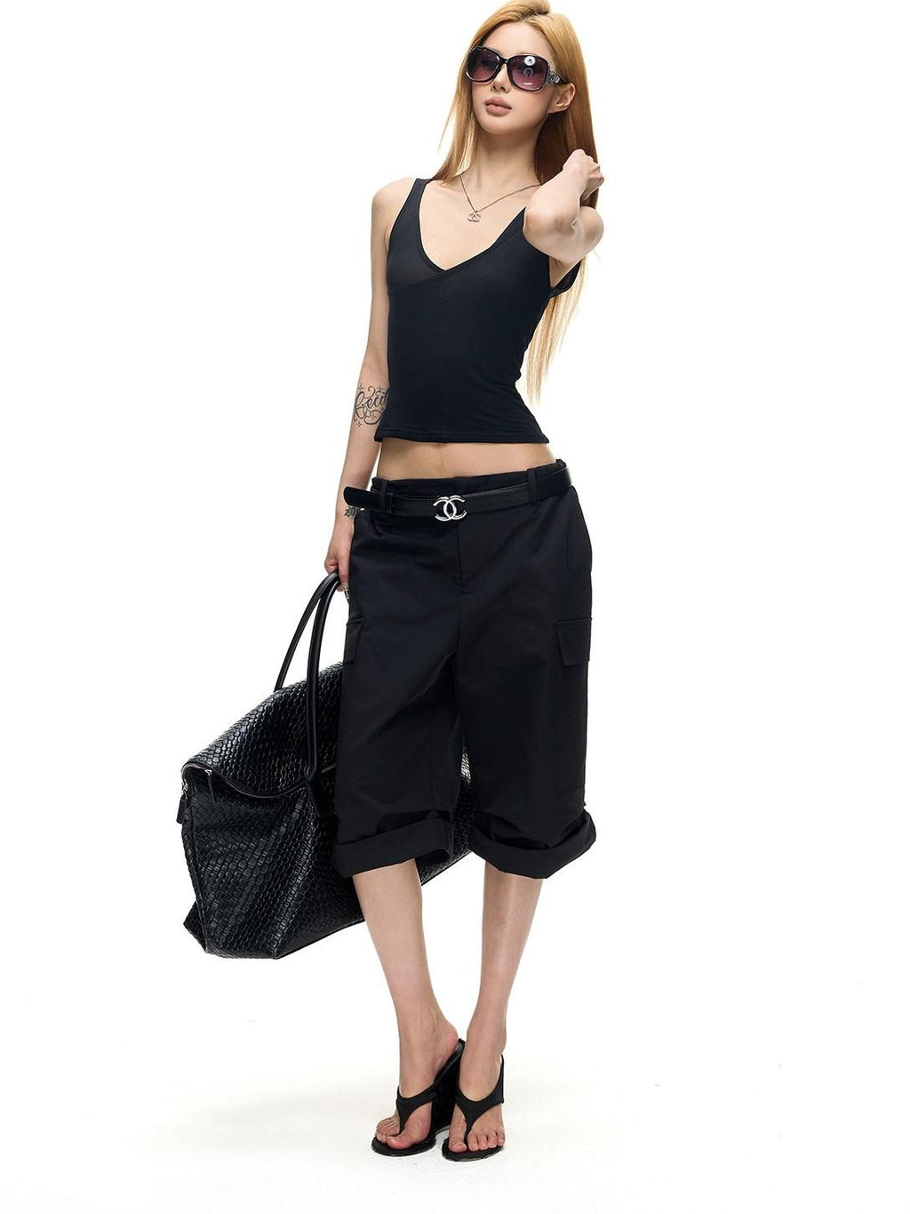 Fanptntox Vintage Pleated Cargo Straight Women's Polyester Bermuda Shorts