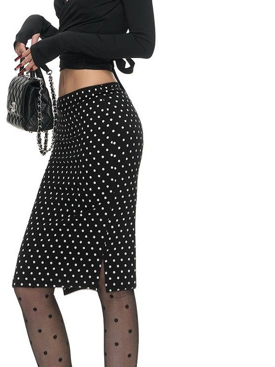 Fanptntox Vintage Polka Dot Low Rise Side Slit Stretch Women's Viscose Bodycon Skirts