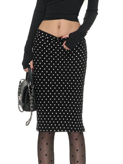 Fanptntox Vintage Polka Dot Low Rise Side Slit Stretch Women's Viscose Bodycon Skirts