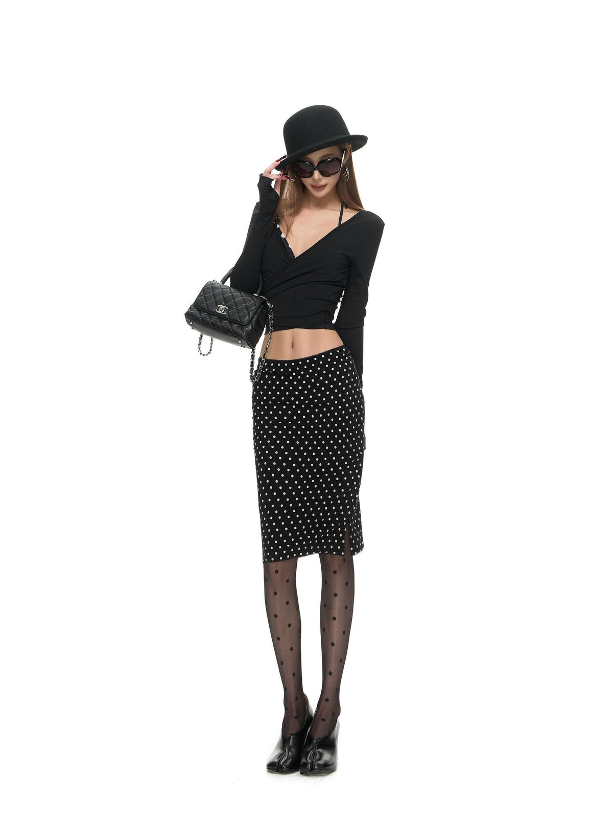 Fanptntox Vintage Polka Dot Low Rise Side Slit Stretch Women's Viscose Bodycon Skirts