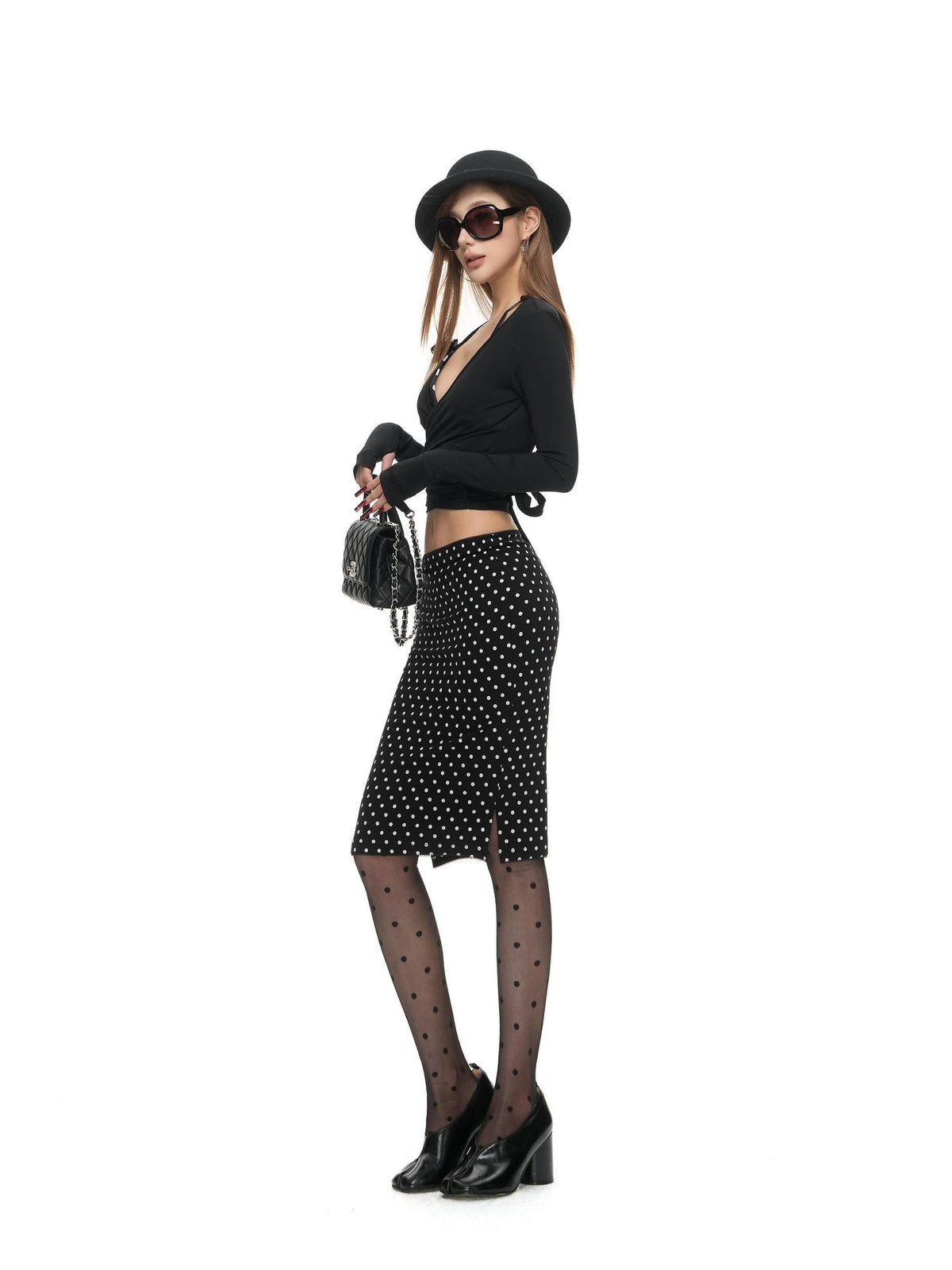 Fanptntox Vintage Polka Dot Low Rise Side Slit Stretch Women's Viscose Bodycon Skirts
